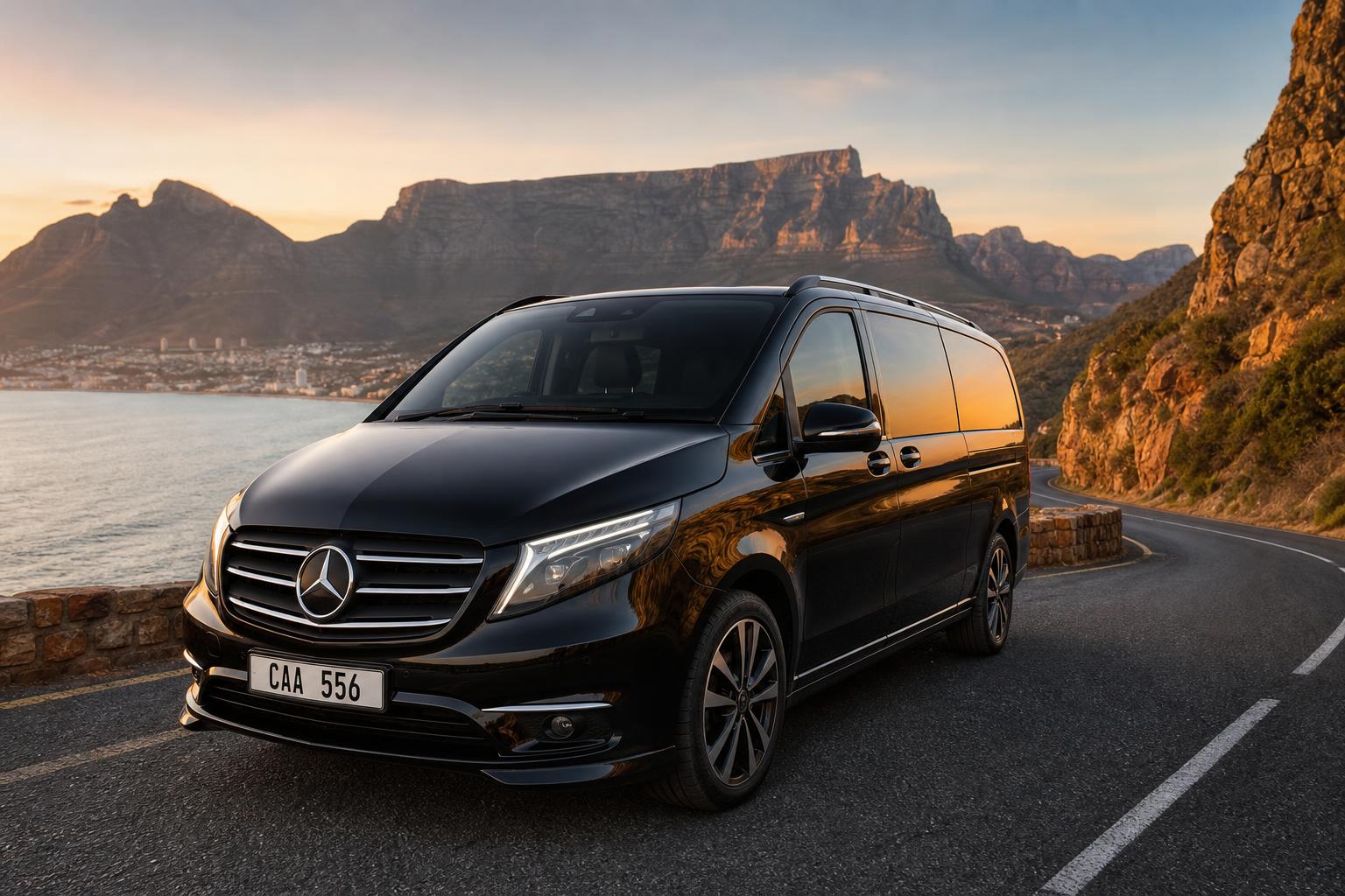 Luxury shuttle on Chapman's Peak Drive with Table Mountain backdrop